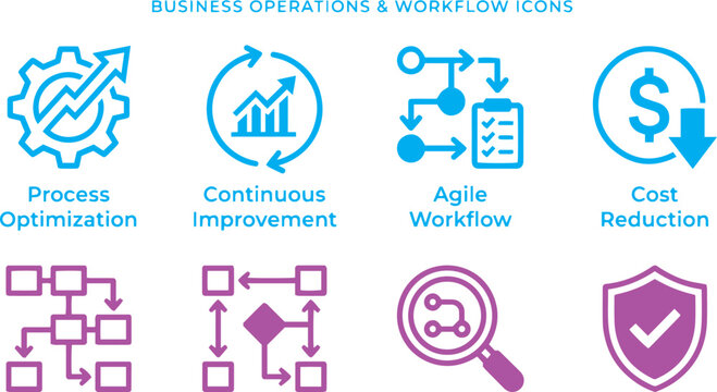 Process improvement and workflow solid icon set. Featuring process optimization, continuous improvement, agile workflow, and cost reduction. Vector icons for business operations and presentations line