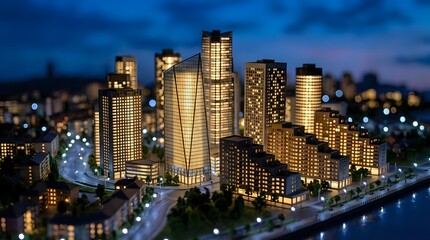 Fototapeta premium Miniature tilt-shift effect of a glowing modern city skyline at night with illuminated skyscrapers reflecting on a riverside urban landscape.