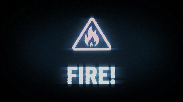Fire alert symbol light flashing on analog screen. Flame danger warning icon on retro VHS style. Loopable and seamless abstract concept with noise and glitch.