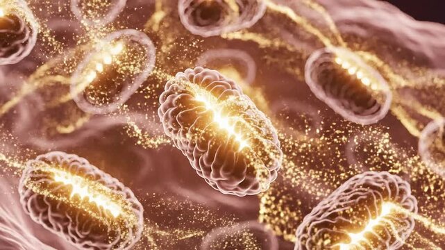3D Rendering Of Mitochondria Cells Motion With Energy Pathways Glowing Against A Softly Blurred Background