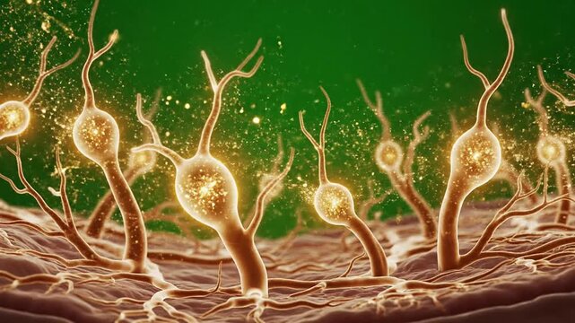 3D Rendering Of Neurons Firing Signals Amidst Biological Context With Vibrant Glow And Isolated Green Background