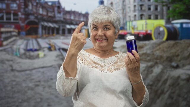 Woman holding blue pill bottle points finger to head on a street construction site with trench and pipes visible; wellness confidence.