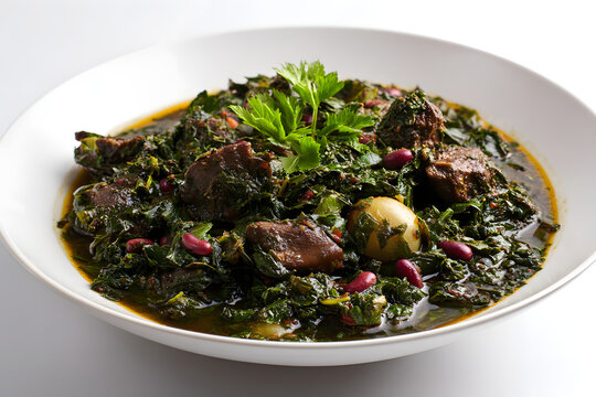 Traditional Persian Khoresh Ghormeh Sabzi Served in a White Bowl with Fresh Herbs and Vegetables