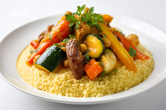 Traditional Moroccan Couscous Royal with Colorful Vegetables and Tender Meat Served in a Plentiful Dish