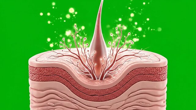 3D Skin Layer Illustration With Hair Follicles And Epidermis Structure Isolated On Green Background For Medical And Educational Purposes