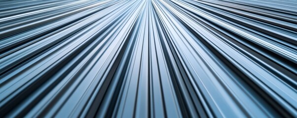 Fototapeta premium Abstract Blue-Grey Metallic Ribs Converging Corrugated Surface with Dynamic Perspective and Glossy Sheen, Capturing Modern Industrial Futurism, Texture, Technology
