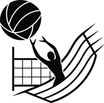 Black silhouette of volleyball player spiking ball over net