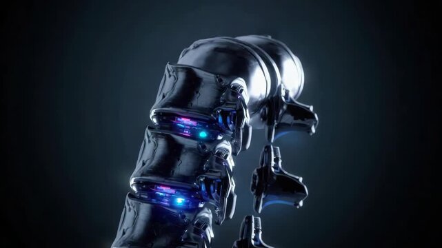 Futuristic metallic vertebra spine with glowing neural implants and sleek biomechanical design