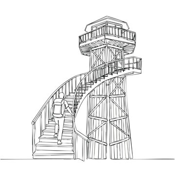 A person with a backpack ascends a winding staircase towards a rustic wooden observation tower in a lineart drawing style, representing encounters