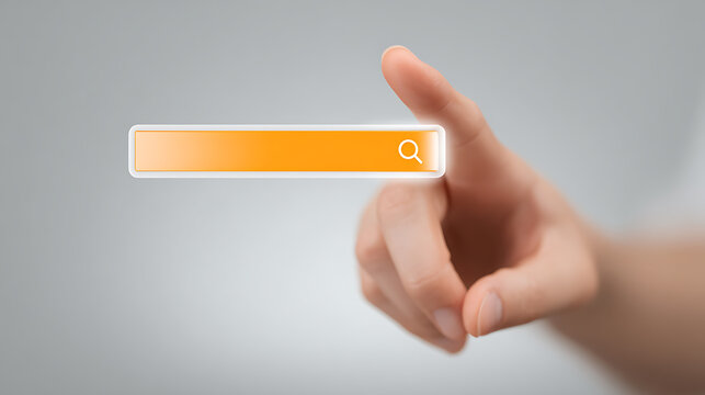 Human Hand Touch an Orange Digital Search Bar with Magnifying Glass Icon, Futuristic User Interface for Web Search and Online Navigation Concept