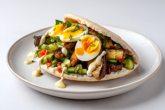 Freshly Made Sabich with Egg and Vegetables in a Pita on a White Plate