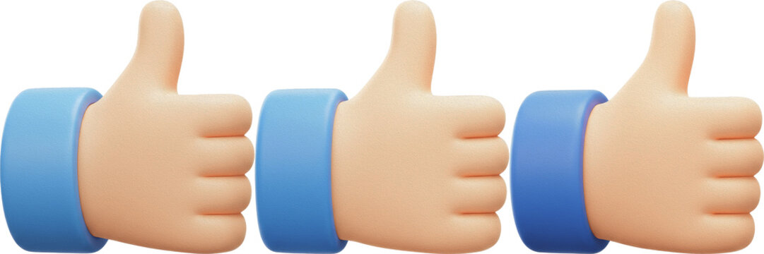 Set of Three 3D "Thumbs Up" Hand Icons, Positive Feedback and Like Symbols, Modern UI Design Elements for Social Media, Approval, Success and Quality Concepts, Isolated PNG Assets for Websites and App