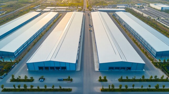 Aerial view of modern industrial park with parallel warehouses, bathed in golden hour light. Highlights efficient logistics and storage infrastructure. Supply Chain, Distribution