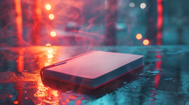 Presentation of a notebook against a bright, aesthetically pleasing background and in a haze, on a blurred background