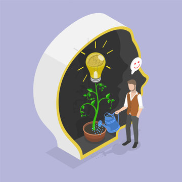 3D Isometric Flat Vector Illustration of Growth Mindset, Watering Plants With A Light Bulb