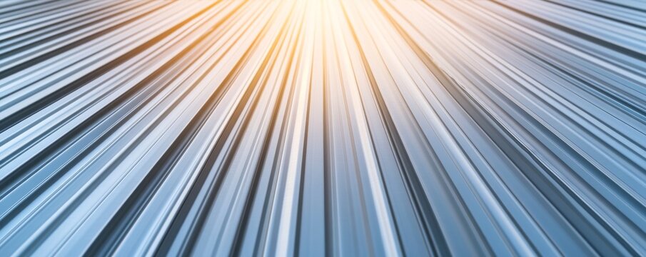 Bright sun rays illuminate a blue corrugated metal background, showing abstract parallel lines converging in a modern industrial pattern perspective. ,texture ,rays