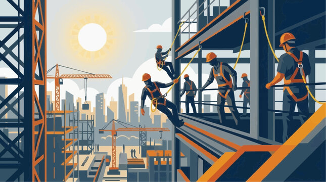 Construction Workers Using Fall Protection Safety Gear