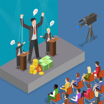 3D Isometric Flat Vector Illustration of Oligarchy, Money-Wielding Puppeteer Manipulating Politician On Podium.