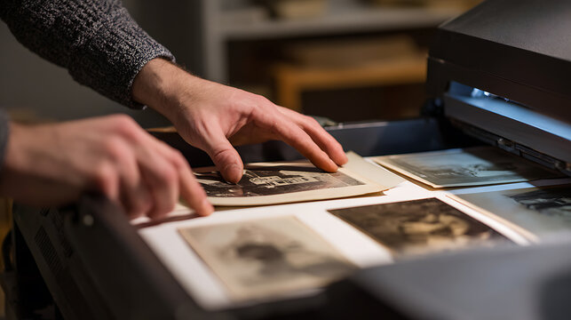 A male archivist carefully handles and digitizes old historical photographs on a light table, preserving precious memories and past events for future generations