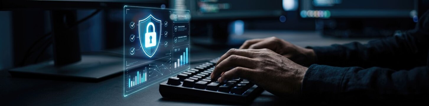 Cybersecurity action protecting data in the digital environment office network analysis dark mode aesthetic tech insights and security concepts