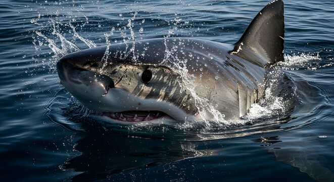 Great white shark emerging from deep blue ocean water
