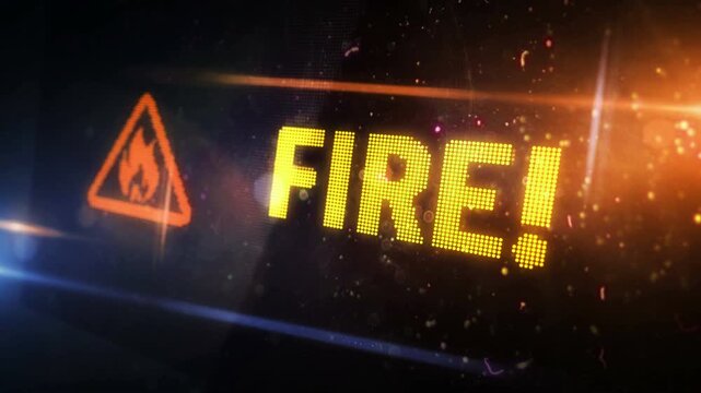 Fire alert symbol light flashing on digital display. Flame danger warning icon on pixel led screen. Close-up loopable and seamless abstract concept.