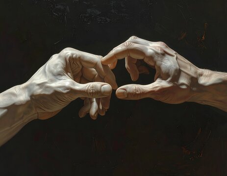 A realistic painting depicts two hands nearly touching, fingers extended. The hands are illuminated against a dark background, showcasing veins and skin details