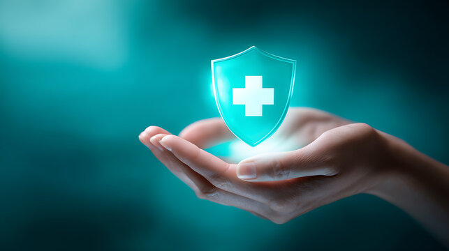 A disembodied hand cradles a glowing, luminous shield with a prominent white cross symbol against a deep teal, ethereal background