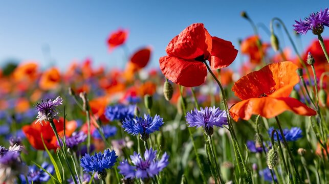 vibrant spring meadow with poppies and cornflowers beneath sunny blue sky