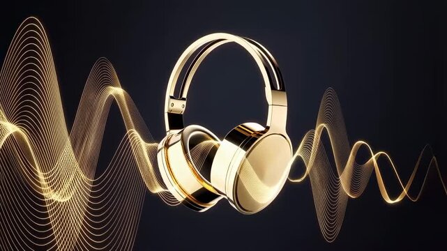 Golden Headphones with Elegant Soundwaves