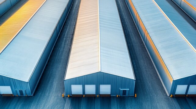 Geometric Symphony High-angle aerial of modern blue warehouses in parallel, structured rows, corrugated roofs aglow with golden hour light. Industrial order and logistics. Logistics,