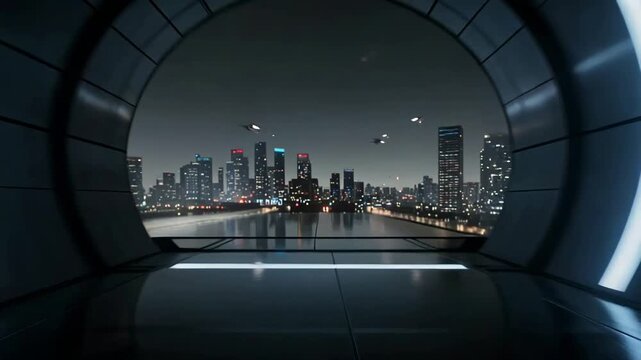 Futuristic Tunnel Leading to City Skyline