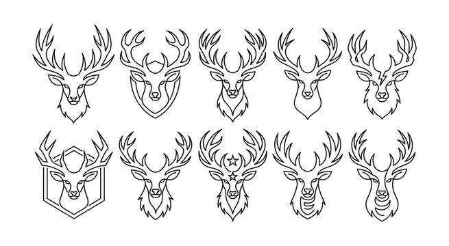 Group of ten abstract deer head graphics with dotted outlines and intricate facial details presented on a white background line art abstract stylized collection creature wildlife decoration