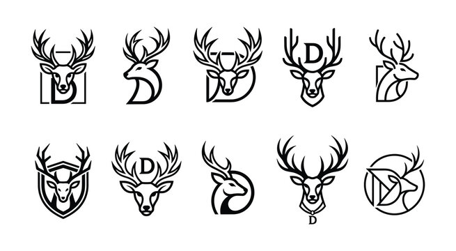 Set of ten deer head emblems with monograms and geometric shapes line art monogram geometric identity template illustration collection silhouette