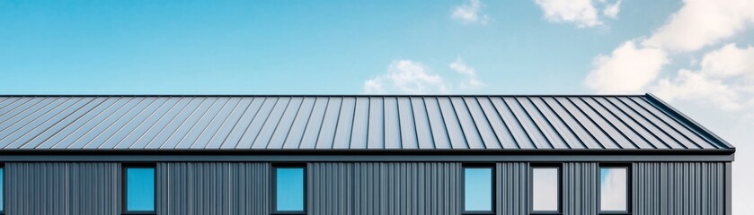 Fototapeta premium Minimalist Modern Architecture Gray Corrugated Metal Building with Metal Roof and Vertical Windows Reflecting Blue Sky and Clouds. Clean Lines.,Contemporary ,Steel