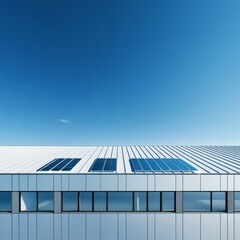Fototapeta premium Minimalist White corrugated roof with blue solar panels, modern geometric facade under clear blue sky, highlighting sustainable architecture, Solar energy, Green building