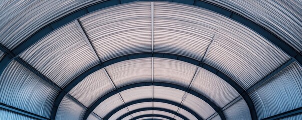 Naklejka premium Modern abstract Symmetrical corrugated tunnel ceiling, deep blue arches creating rhythmic leading lines and depth, a futuristic architectural pattern. ,Geometry ,Passage