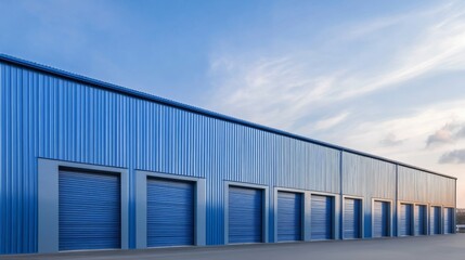 Fototapeta premium Striking Blue Self-Storage Facility A modern, long row of corrugated metal units and roll-up doors, showcasing clean industrial architecture under a wide sky. Self-Storage, Industrial