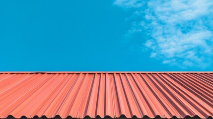 Naklejka premium Striking red corrugated roof texture meets a vibrant blue sky with clouds in a clean, high-contrast, half-frame composition. Modern building minimalism. Building, Simplicity