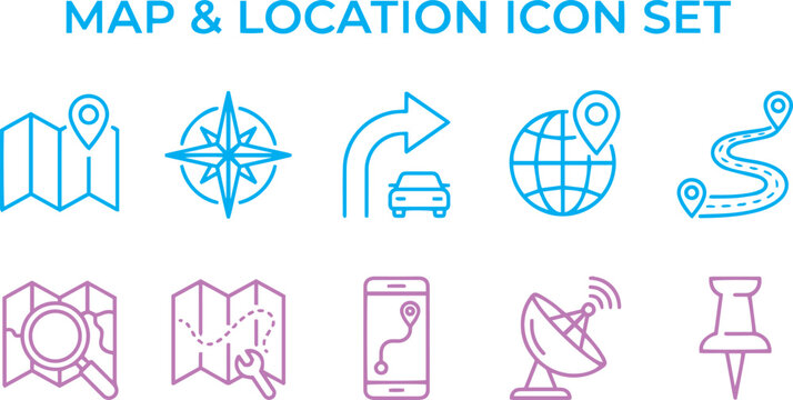 Map and location icon set. Navigation, GPS, direction, travel, route, destination, road, navigator icons. Thin line editable stroke vector Blue and Purple colour.
