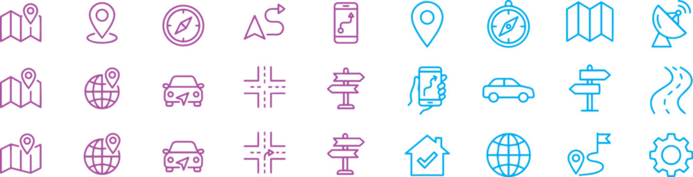 Map and location icon set. Navigation, GPS, direction, travel, route, destination, road, navigator icons. Thin line editable stroke vector Blue and Purple colour.