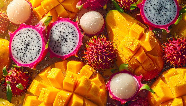Tropical fruit composition featuring mango, dragonfruit, rambutan, and lychee with crystal water droplets and glowing golden sunlight