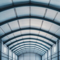 Fototapeta premium Symmetrical interior view of a modern, empty industrial warehouse with a curved corrugated metal roof and blue beams, emphasizing structure and vastness. Warehouse, Architecture