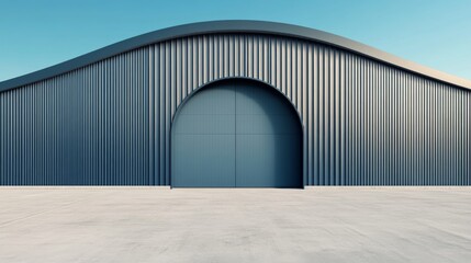 Fototapeta premium Symmetrical Modern Hangar Wavy Roof atop Corrugated Walls, Arched Blue Door, Expansive Concrete Forecourt and Clear Sky. Minimalist Industrial Design Render, architecture, geometric