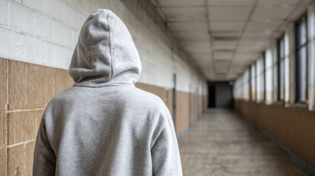Faceless teenager in gray hoodie standing alone in empty school hallway. Concept of loneliness, isolation, bullying, anxiety, depression and emotional struggles in youth