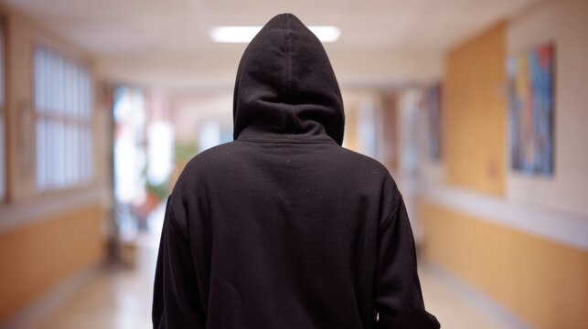 Anonymous teenager wearing black hoodie in blurred school corridor. Concept of sadness, emotional distress, loneliness, bullying, depression and teenage mental health issues