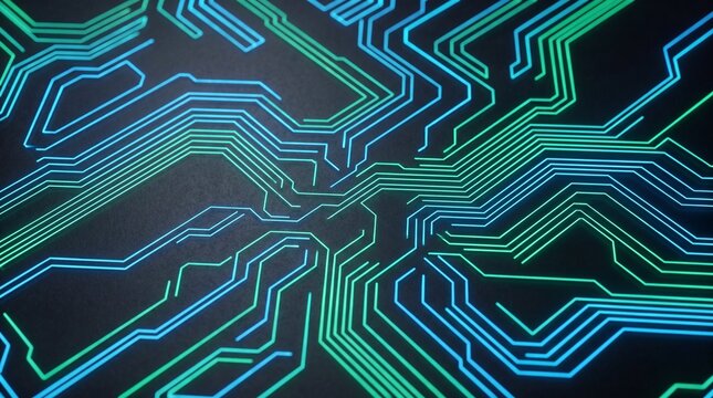 Circuit board displays intricate pathways of blue and green lines representing modern digital systems.