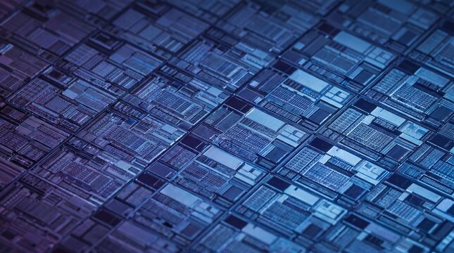Microchip surface displays a complex array of electronic circuits for advanced computing processors.