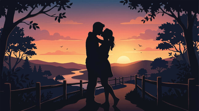 Silhouetted couple embracing on a seaside sunset boardwalk at twilight.