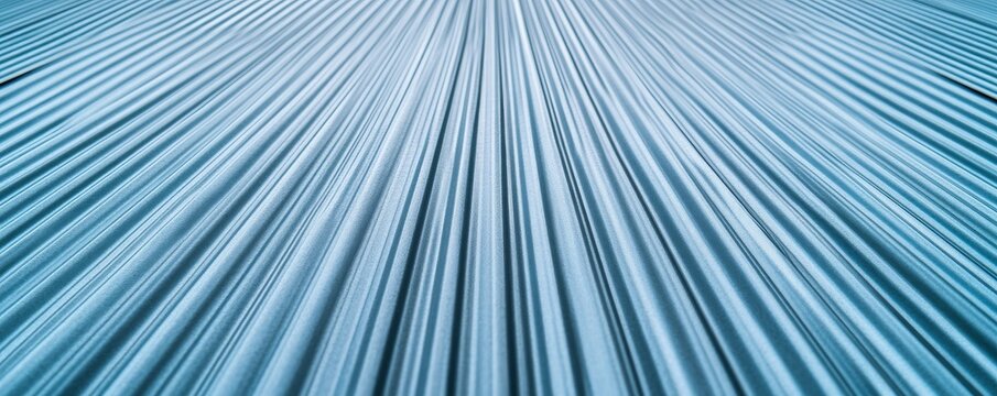 Vivid blue corrugated metal abstract A strong perspective highlights textured vertical lines radiating into a modern, rhythmic, industrial background. Pattern, Geometric